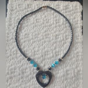 Hematite Vintage Beaded Heart Necklace with Blue Accents